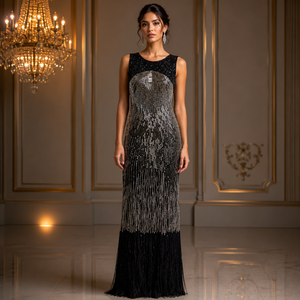 Luxury Black <b>Silver</b> Sequin Evening Gown Sleeveless Round Neck Fringe Hem Formal Party Cocktail Maxi <b>Dress</b> Elegant Glamorous Wear - Product Image 2
