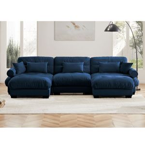 Divano Modulare a U Moderno a 3 Posti con Due Pouf Mobili, Cuscini Lombari e Cuscini Decorativi per Soggiorno - Product Image 3