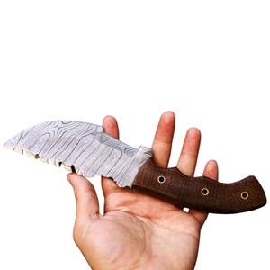 Couteau de chasse à lame fixe à motif Damas argenté avec manche en bois brun, lame courbée, couteau de survie pour le camping en plein air - Product Image 4