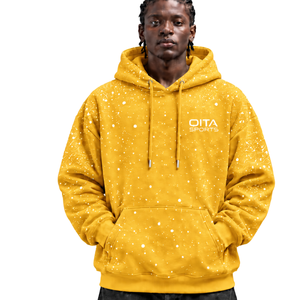 Mustard Yellow <b>White</b> Speckled Print <b>Men</b> Hoodie Heavyweight Pullover <b>Sweatshirt</b> Drawstring Hood Kangaroo Pocket Casual Streetwear - Product Image 1