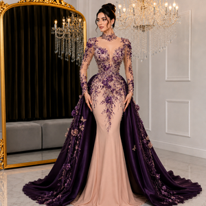 Royal Plum Nude Illusion Mermaid Evening Gown 3D Floral Embroidery Appliques <b>Sequined</b> Beading Satin Cape Luxury Bridal Dress - Product Image 2