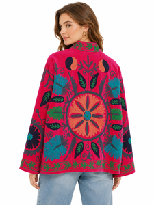 Women Velvet Embroidered <b>Jacket</b> Mandarin Collar Lantern Sleeve Floral Boho Style Autumn Coat Handmade Suzani <b>Pattern</b> - Product Image 6