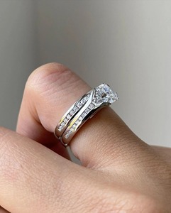 Lab Grown 2 Carat Asscher Cut Diamond Engagement Ring <b>Set</b> <b>Square</b> Solitaire Ring with Half Eternity Band Bridal Wedding <b>Set</b> - Product Image 4