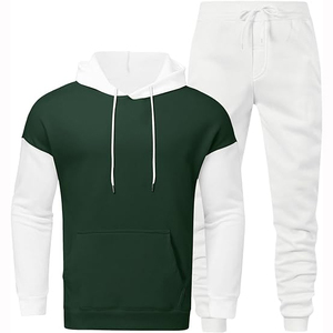 Men's <b>Dark</b> <b>Green</b> Hoodie With White Sleeves And Drawstring Pants Casual Solid Color Tracksuit Autumn Wear Full Length Regular Fit - Product Image 1