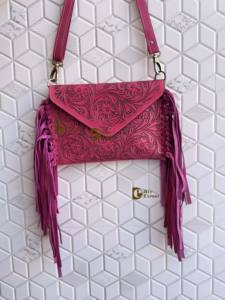 Bolso de mano con flecos personalizado al por mayor, bolso de cuero auténtico tallado a mano, bolso bandolera de color rosa, bolsos elegantes occidentales - Product Image 2