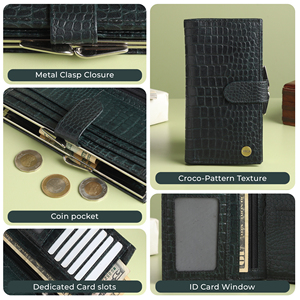 Cartera de Mano WRIZA para Mujer, de Cuero Genuino con Patrón de Cocodrilo, Protección RFID, 10 Ranuras para Tarjetas, 4 Compartimentos, Bolsillo para Monedas Abierto - Product Image 6