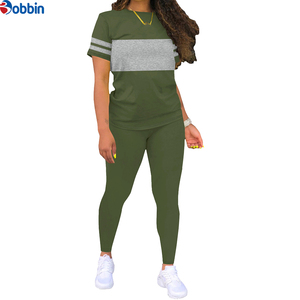 Conjunto Deportivo de Alta Calidad para Mujer, Camiseta Lisa Informal y Leggings, Cuello Redondo, Manga Corta, Bloques de Color, Dos Piezas - Product Image 3