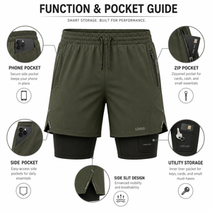 Pantalones Cortos Deportivos para Hombre, Doble Capa, Ecológicos, Color Verde Sólido, Forro Interior, Secado Rápido, Transpirables, Bolsillos con Cremallera, Cintura con Cordón Ajustable - Product Image 3