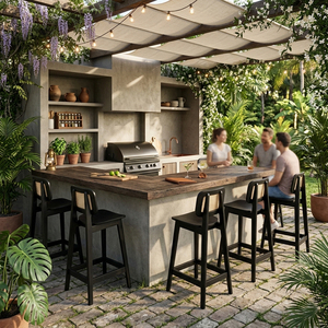 Chaise de bar en teck et rotin de style farmhouse, avec accoudoirs fixes, design moderne, finition noire, usage commercial, mobilier de bar - Product Image 6