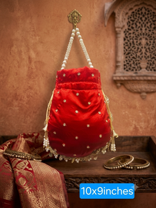 Red Silk Beaded <b>Pearl</b> Tassel Chain Strap Luxury Potli Evening <b>Bag</b> Embroidered Bridal Clutch Handmade Wedding Party Purse - Product Image 2