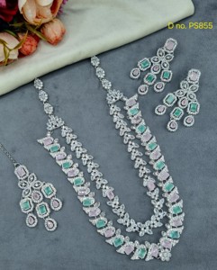 Double Layered Radiant Cut Stone Stuuded <b>Fashion</b> <b>Necklace</b> Set With Matching Earring Mang Tika Silver Plated Jewelry Set Supplier - Product Image 6