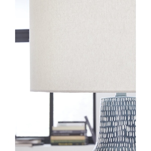 Latest design Antique <b>Blue</b> Metal Table Lamp Textured Pattern Base Linen Fabric Shade Elegant Bedside Nightstand Light Home Decor - Product Image 4