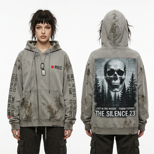 Sudadera con capucha y cremallera gris de 400GSM personalizada para mujer, estilo vintage desgastado con gráfico de terror, chaqueta oversize de streetwear - Product Image 1