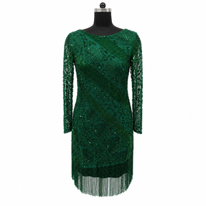 Women Emerald Green <b>Sequin</b> Fringe Mini Dress | Long Sheer Sleeve Round Neck Beaded Party Cocktail Evening Wedding Occasion - Product Image 1