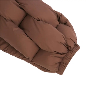 Brown Quilted Puffer Jacket Stand Collar <b>Covered</b> <b>Button</b> Closure Standard Winter Coat Unisex Casual Style Solid Color - Product Image 3