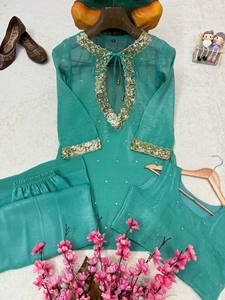 Ensemble indien pakistanais brodé vert à manches longues Kurta Palazzo pour femmes, vêtements de détente - Product Image 6