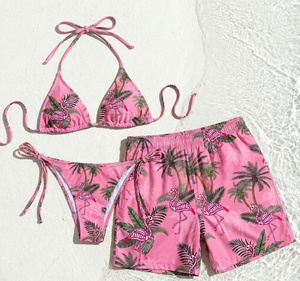 Conjunto de bikini con estampado tropical rosa, traje de baño de dos piezas con cuello halter y cordones para mujer, ropa de playa de poliéster y elastano - Product Image 5