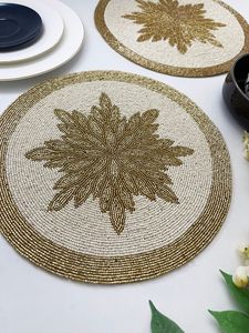 Elodie <b>Set</b> of <b>4</b> Eco-Friendly Rattan <b>Round</b> Placemats 38cm Diameter Water Hyacinth Beaded Home Decor <b>Dining</b> <b>Table</b> Use Restaurants - Product Image 3