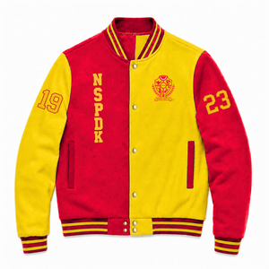 Chaqueta universitaria personalizada NSPDK Sorority, roja y dorada, de manga larga, con botones en la parte delantera, cuello con ribete, logotipo bordado, de algodón. - Product Image 1