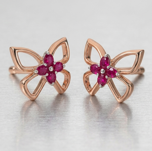 Boucles d'oreilles clous en argent 925 couleur or rose, motif floral, serties pavé imitation rubis taille ovale, bijoux d'oreille pour femme - Product Image 3