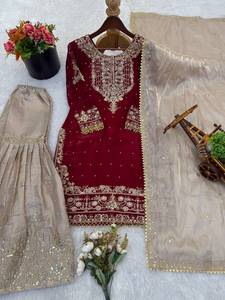 Olive <b>Green</b> <b>Silk</b> Embroidered Traditional Kurti Sharara Set with Net Dupatta Women Ethnic Wedding Wear - Product Image 4