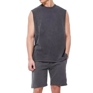 Ensemble décontracté 2 pièces pour homme en tissu peigné, taille mi-haute, débardeur et short, 100% coton, respirant, infroissable, imprimé, style survêtement - Product Image 3