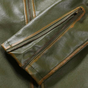 Blouson moto homme en cuir PU vert olive, col montant, fermeture éclair, manches classiques, coupe ajustée, style automne - Product Image 5