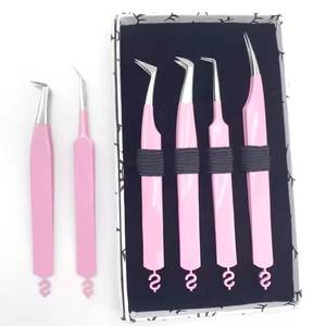 Morje Surgical <b>Pink</b> Eyelash Tweezers Set Stainless Steel Precision <b>Tools</b> Serrated Toothed Tips 10mm 4-Piece <b>Box</b> Packaging - Product Image 1