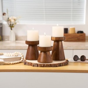 Ensemble de trois porte-bougies en bois d'acacia faits à la main, vente en gros en provenance d'Inde - Product Image 4