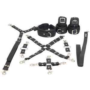<b>BDSM</b> Restraint Set Cowhide Leather with Cuffs <b>Collar</b> Straps and Connectors for Full Control Play - Product Image 5