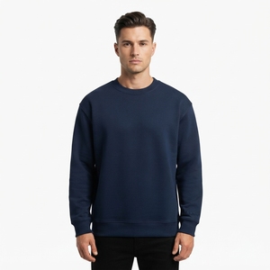 Mens <b>Navy</b> Blue Crewneck Sweatshirt Oversized Pullover Long Sleeve Casual Minimalist Streetwear Fashion <b>Top</b> - Product Image 1