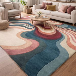 Alfombra de lana azul y granate con diseño moderno, hecha a mano con técnica tufting, con patrón abstracto, estilo ecológico, para sala de estar y dormitorio infantil. - Product Image 1
