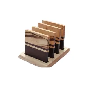 売れ筋木製素材高品質室内装飾テーブルトップコースター木製スタンド付き4個セット