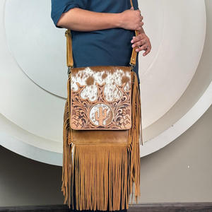 Portable Luxury Boho Hand Tooled Cowhide Leather Crossbody Cactus Fringe Handbag Design Shoulder Genuine Leather Purse for Women - Product Image 4