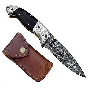 Couteau pliant multifonctionnel fait main en acier Damas pour le camping et la chasse, avec étui en cuir, OBM OEM - Product Image 1