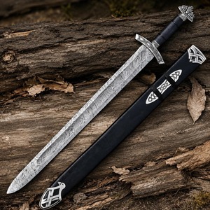 Couteau Bowie en acier Damas de 28 pouces, lame fixe de qualité industrielle à pointe clip et bord droit, avec étui noir et incrustation argentée - Product Image 1