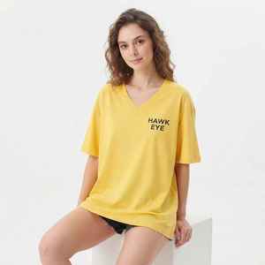 T-shirt à manches courtes jaune col en V pour femme Hawk Eye, coupe ample, en coton, jersey décontracté, logo imprimé, printemps été - Product Image 3