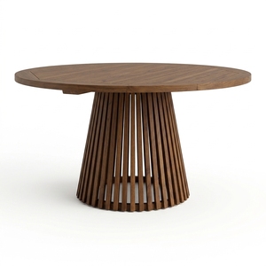 Table de salle à manger ronde en teck à lattes, style côtier, pour villa méditerranéenne, terrasse, bord de piscine, patio, projet architectural - Product Image 3