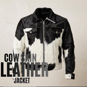 Blouson court chauffant vintage en cuir de vachette pour homme, col montant, imprimé animal, logo frontal, fermeture éclair - Product Image 1