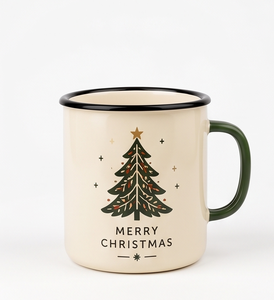 Holiday Festive Season Metal Camp Cup Custom Logo Printing Heavy Duty <b>Iron</b> Enamel Mug Featuring Decorated Christmas Tree - Product Image 3