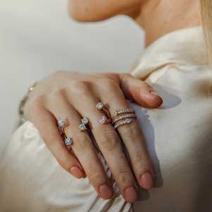 Anillos de Oro de 14K con Diamantes Cultivados en Laboratorio, Corte Pera y Redondo, Pavé Francés, Banda Abierta, Anillos de Serpiente Flotantes de Múltiples Hileras, Fabricante Mayorista - Product Image 4