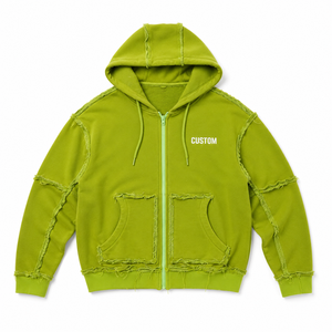 Custom Green Distressed Zip Up Hoodie Oversized Streetwear Raw Edge Panel <b>Pullover</b> Hoodies for <b>Men</b> OEM Wholesale Private Label - Product Image 3