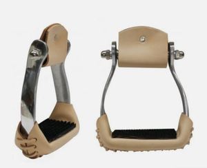 Étriers en cuir avec coussinet en caoutchouc noir pour l'équitation, cadre en aluminium durable, couleur beige, équipement d'équitation en cuir - Product Image 6