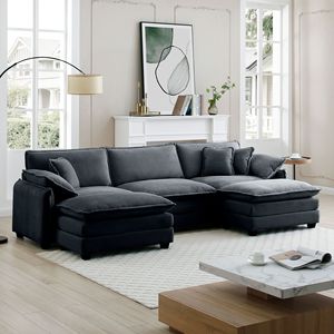 Divano Modulare a U Oversize a 3 Posti con Pouf Convertibili in Tessuto Corduroy Grigio, 2 Poggiapiedi, Comodo per il Soggiorno - Product Image 3