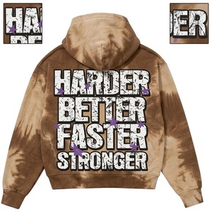 Sudadera con capucha y cremallera personalizada, color marrón, con efecto tie-dye, bordada, con estampado de retrato artístico y detalles de estrellas, estilo oversize, moderno y urbano. - Product Image 2