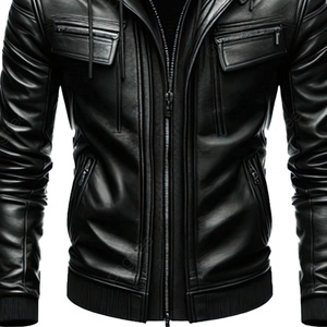 Chaqueta de Cuero Genuino para Hombre, Estilo Motero, con Capucha Desmontable, Personalizada para Universidad, Negra, con Hombreras Acolchadas, OEM - Product Image 5