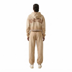 Custom <b>Women</b> Acid Wash <b>Beige</b> Cropped Hoodie Jogger Set Cotton Fleece Streetwear <b>Tracksuit</b> OEM Wholesale - Product Image 2