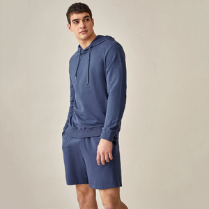 Men's Solid Color Hoodie and Shorts <b>Set</b> Casual <b>Knitted</b> 100% Cotton Summer Wear Blue - Product Image 3