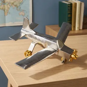 Maquette d'avion en métal artisanale, finition argent et or, modèle décoratif pour la maison, le bureau, la table - Product Image 2