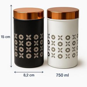 Minimalist Metal Spice <b>Containers</b> Round Airtight Design Engraved Floral Pattern Black and White with Copper Lids - Product Image 2